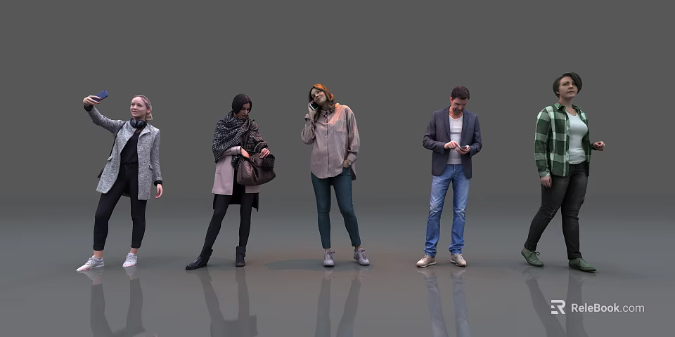 Group of People Standing in Various Poses With Different Outfits on Gray Background 3d model 