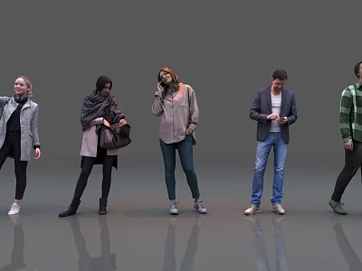 Group of People Standing in Various Poses With Different Outfits on Gray Background 3d model