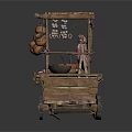 Traditional Wooden Market Cart With Clay Pots Hanging Meat And Bowls