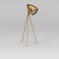 Tech Exhibition Hall Showcase Featuring Modern Wooden Tripod Lamp With Metal Lampshade