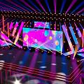 Colorful Stage Design With LED Screen Geometric Decor And Bright Lights