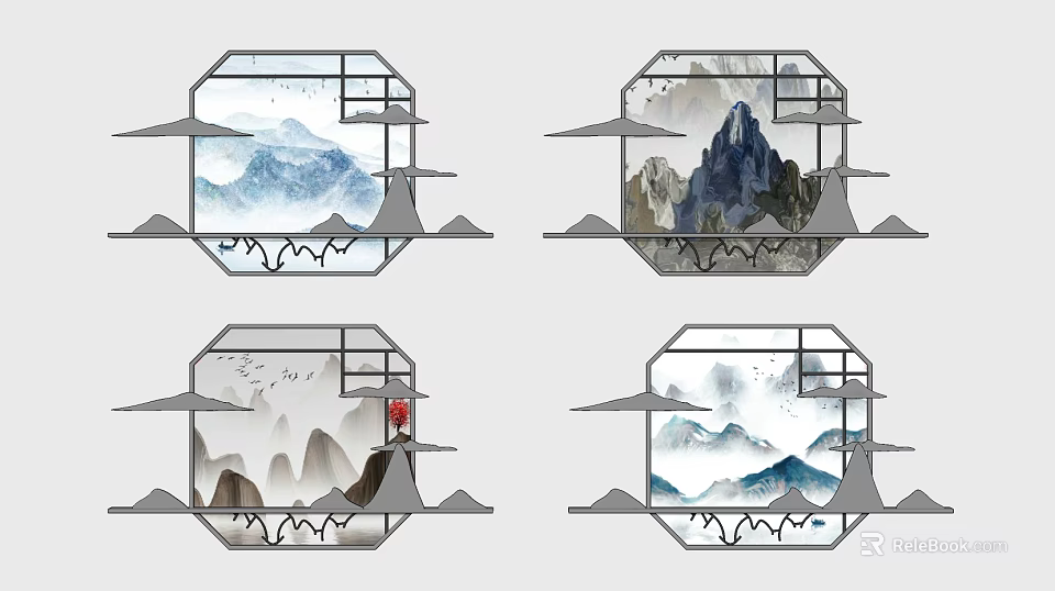 Artistic Wall Decor Featuring Geometric Frames And Various Mountain Water Landscapes 3d model