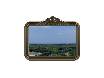 Ornate Framed Mirror Reflecting Blue Sky White Clouds Green Trees and Sea View 3d model