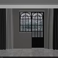 Floor to Ceiling Window With Arched Design Dark Curtains Light Walls And Marble Floor