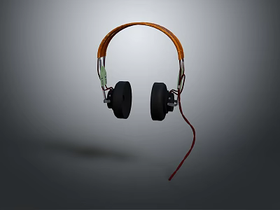 Modern Stylish Headphones With Orange Headband Black Ear Cups And Red Cable 3d model