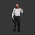 Man In White Shirt And Dark Pants Standing With Fist Raised Against Grey Background