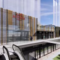 Modern Commercial Landscape With Contemporary Glass Facade Building Green Lawn Shrubs And Trees