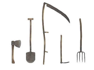 Vintage Hardware Tools Collection Including Axe Shovel Sickle Hammer And Fork 3d model