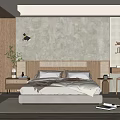 Modern Bedroom Interior With Concrete Wall Wooden Headboard Nightstand Table Lamp And Natural Light