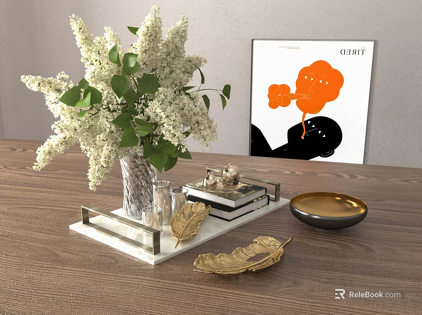 Hanging Basket Greenery with White Flowers Glass Vase Golden Leaves Books Tray and Decorative Painting 3d model 