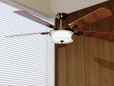 Ceiling Fan With Light Installed On Ceiling By Window Blinds And Wooden Walls 3d model