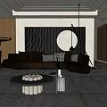 Modern Sofa Coffee Table Combination With Striped Wall Circular Decor And Throw Pillows