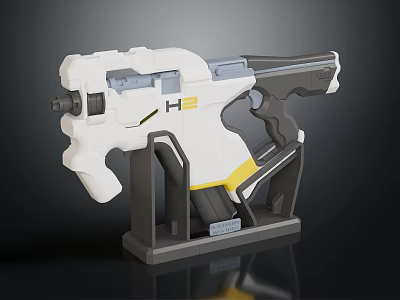 Futuristic White And Gray Handheld Weapon With Yellow Accents And Modern Design 3d model