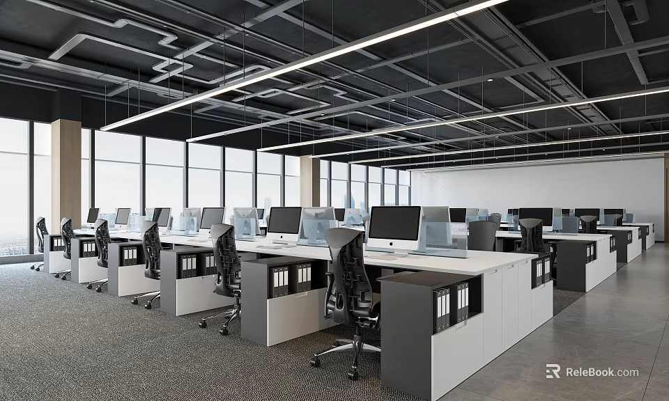 Modern Public Office Space With Open Layout Workstations Computers Ergonomic Chairs And Large Windows 3d model