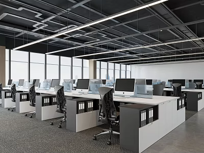 Modern Public Office Space With Open Layout Workstations Computers Ergonomic Chairs And Large Windows 3d model