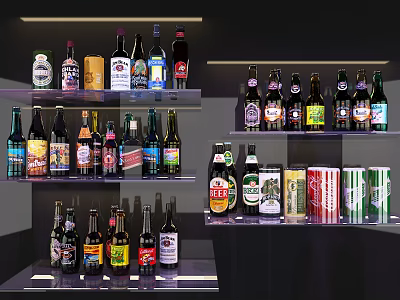 Assorted Wine And Beer Bottles Displayed On Multiple Shelves With Different Brands And Colors 3d model