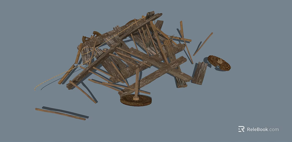 Collapsed Wooden Structure With Scattered Planks Broken Beams And Round Base 3d model 