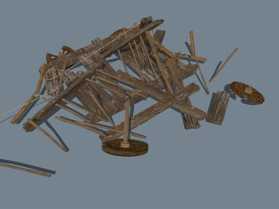 Collapsed Wooden Structure With Scattered Planks Broken Beams And Round Base 3d model