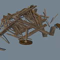 Collapsed Wooden Structure With Scattered Planks Broken Beams And Round Base