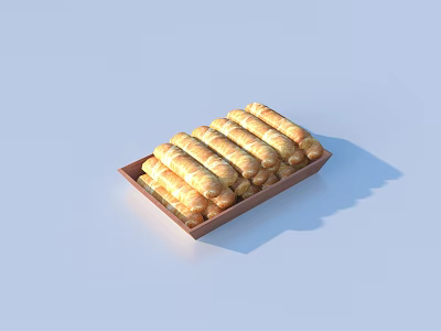 Golden Brown Pastry Rolls Neatly Arranged in Brown Tray as Delicious Snacks 3d model