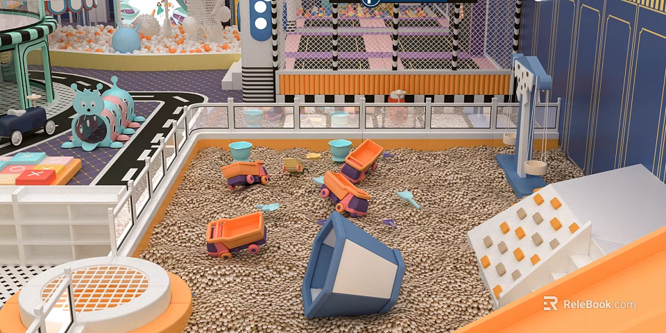Indoor Playground Sand Area With Toy Trucks And Climbing Wall 3d model 