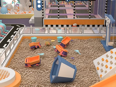 Indoor Playground Sand Area With Toy Trucks And Climbing Wall 3d model
