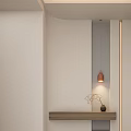 Minimalist Foyer Hallway Design With Wooden Shelf Decorative Ornaments And Warm Lighting