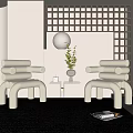 Casual White Sofa Set Modern Design with Coffee Table Plant Gray Rug and Grid Panel