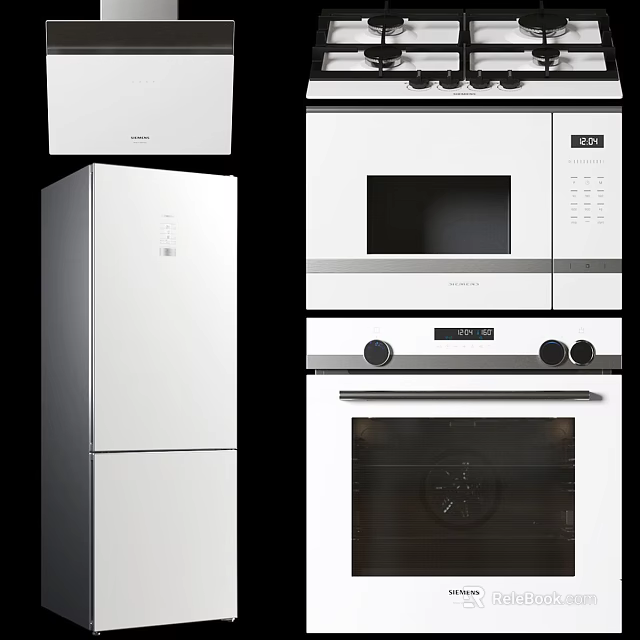 Modern White Kitchen Appliances Including Refrigerator Range Hood Microwave And Oven 3d model 