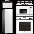 Modern White Kitchen Appliances Including Refrigerator Range Hood Microwave And Oven