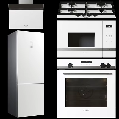 Modern White Kitchen Appliances Including Refrigerator Range Hood Microwave And Oven 3d model
