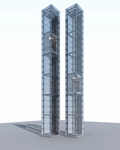 Twin Glass Elevator Shafts In Modern High Rise Building Design 3d model
