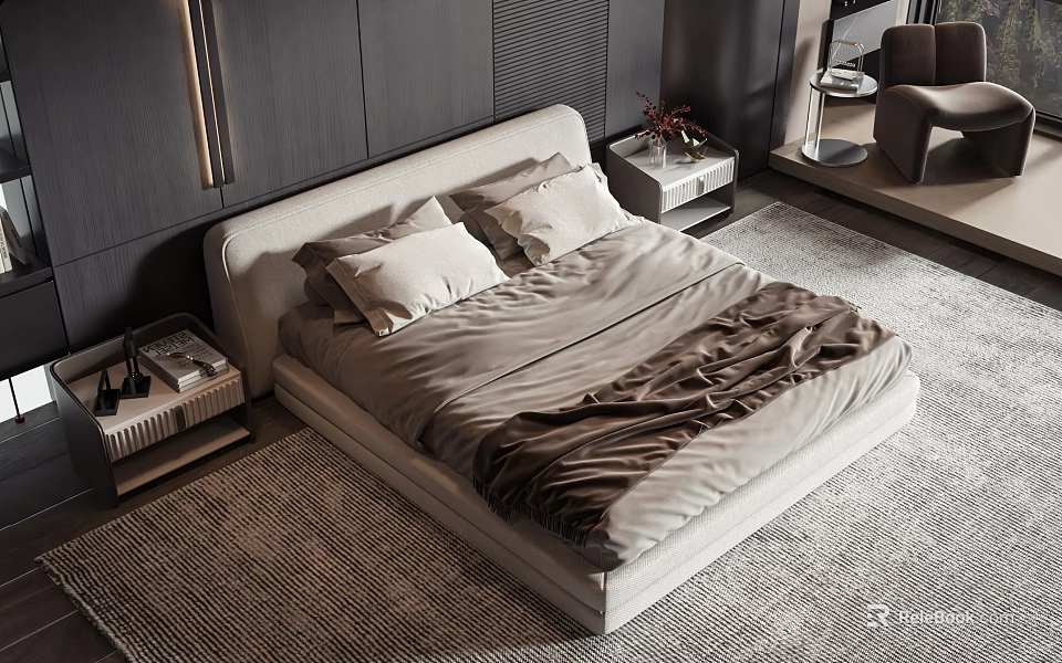 Modern Double Bed With Upholstered Headboard Light Bedding Bedside Tables And Area Rug 3d model 