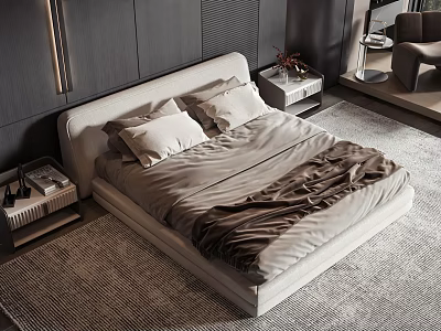 Modern Double Bed With Upholstered Headboard Light Bedding Bedside Tables And Area Rug 3d model