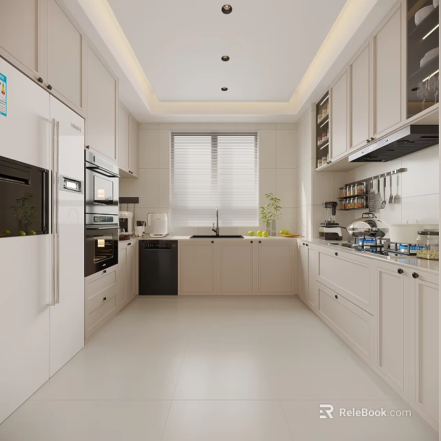 Modern White Kitchen Interior Design With Cabinets Appliances And Window 3d model