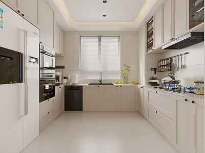 Modern White Kitchen Interior Design With Cabinets Appliances And Window 3d model