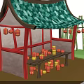 Chinese Style Pavilion Furniture With Wooden Shelves Green Tiled Roof Red Frame And Lanterns