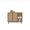 Modern Minimalist Sideboard With Wicker Doors Pumpkins On Top And Open Shelf With Bowls Jar