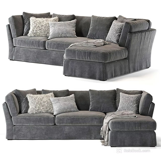Gray Sectional Sofa With Plush Upholstery Multiple Decorative Pillows And Throw Blanket 3d model 
