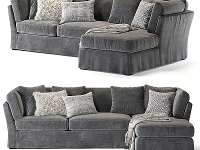 Gray Sectional Sofa With Plush Upholstery Multiple Decorative Pillows And Throw Blanket 3d model