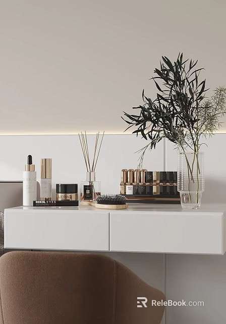 Elegant Perfume And Cosmetics Arranged On White Cabinet With Greenery 3d model 