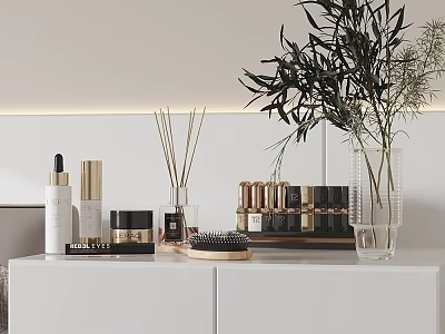 Elegant Perfume And Cosmetics Arranged On White Cabinet With Greenery 3d model