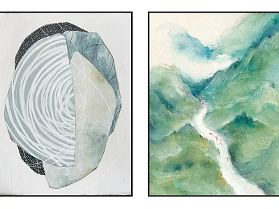 Modern Abstract Paintings With Geometric Spiral Lines And Watercolor Green Blue Tones 3d model