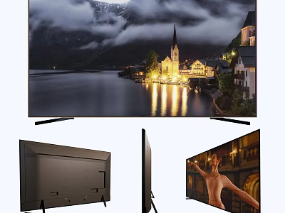 Slim Smart TV Displaying Scenic Lake Town Night View With Multiple Angles 3d model
