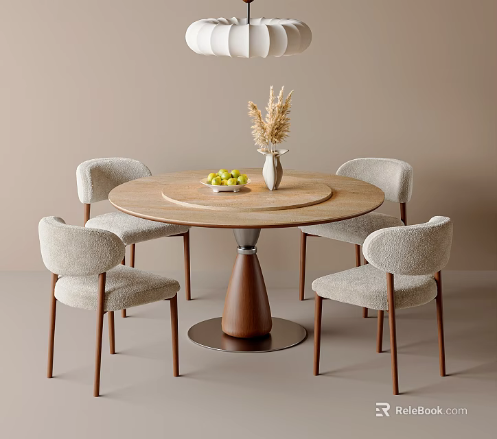 Light Luxury Round Wooden Dining Table And Soft Upholstered Chairs Set For Cozy Dining Room 3d model 