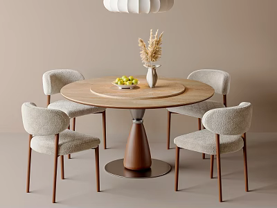 Light Luxury Round Wooden Dining Table And Soft Upholstered Chairs Set For Cozy Dining Room 3d model