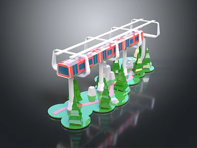 Red Model Train on Transparent Track with Green Trees and White Buildings 3d model