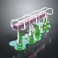 Red Model Train on Transparent Track with Green Trees and White Buildings