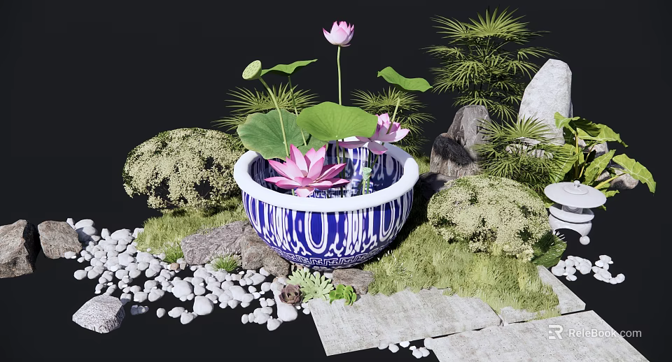 Garden Ornament With Blue and White Ceramic Basin Lotus Flowers Leaves Moss and Stones 3d model 