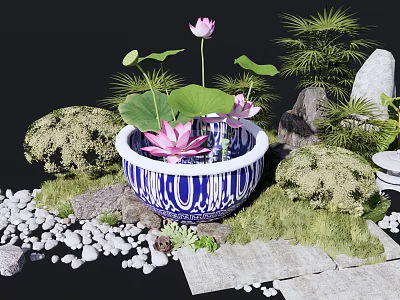 Garden Ornament With Blue and White Ceramic Basin Lotus Flowers Leaves Moss and Stones 3d model